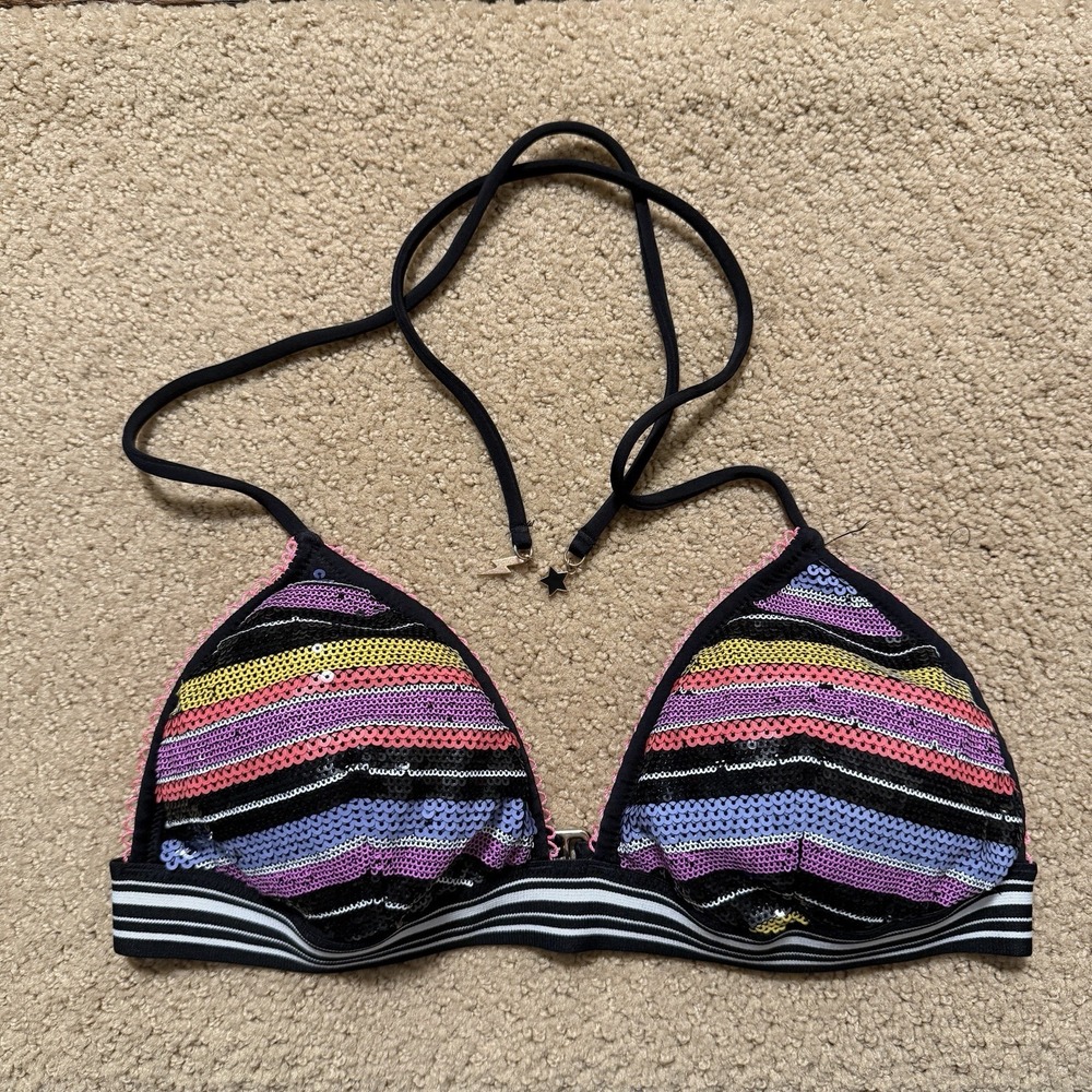 Victoria's Secret Bling Sequin Rainbow Size Medium Bikini Top Colorful Stripes‎